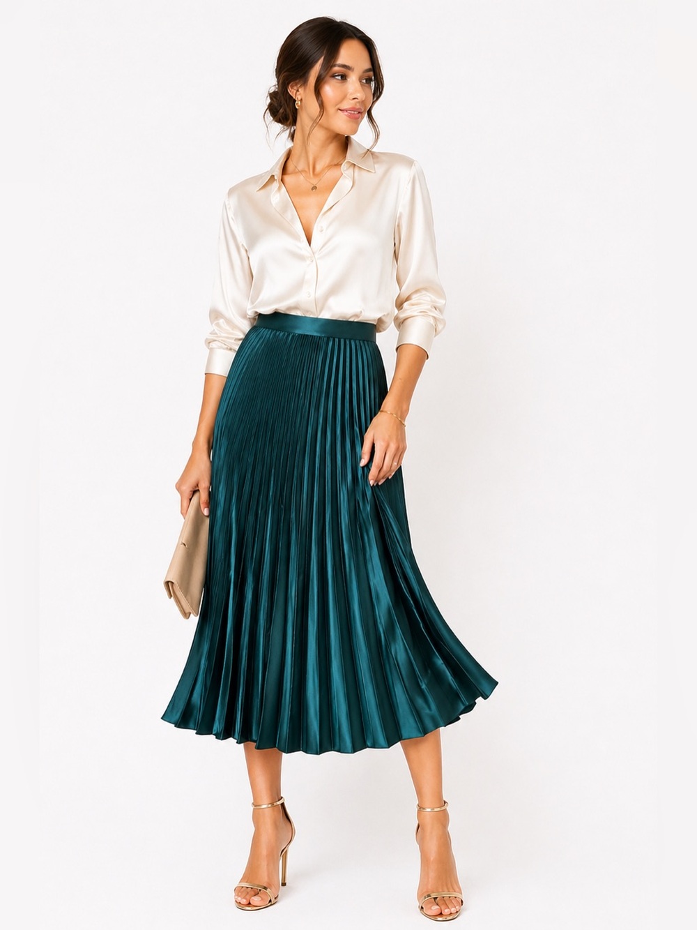 Sezane Teal Pleated Satin Midi Skirt